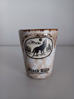 Black Hills South Dakota Wolf Cream Brown Shot Glass Barware Travel‎ Collectible